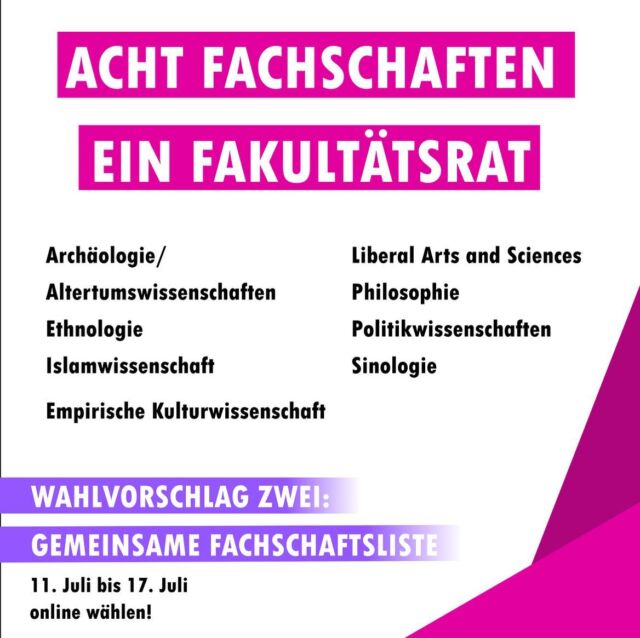 🗳️Es ist wieder so weit! Die Wahlen stehen vor der Tür und wir brauchen eure Unterstützung! Gemeinsam wollen wir eine solidarische Uni für alle schaffen. Mit eurer Stimme für die „Gemeinsame Fachschaftsliste – Solidarische Uni für alle!“ vertretet ihr die Interessen von acht Fachbereichen im Fakultätsrat:
•	@fb.archaeologie.freiburg 
•	@fachschaft_ethnologie_freiburg 
•	@fs.islamwissenschaft.freiburg
•	@empirische_kulturwissenschaft
•	@universitycollegefreiburg
•	@fs_philosophiefreiburg
•	@fachschaftpolitik.unifreiburg
•	@sinologie.freiburg
Wählt vom 11. Juli bis 17. Juli online und sorgt dafür, dass wir alle mitreden können! Eure Stimme zählt! Den Link zur Wahl findet ihr in unserer Bio 🌐✊