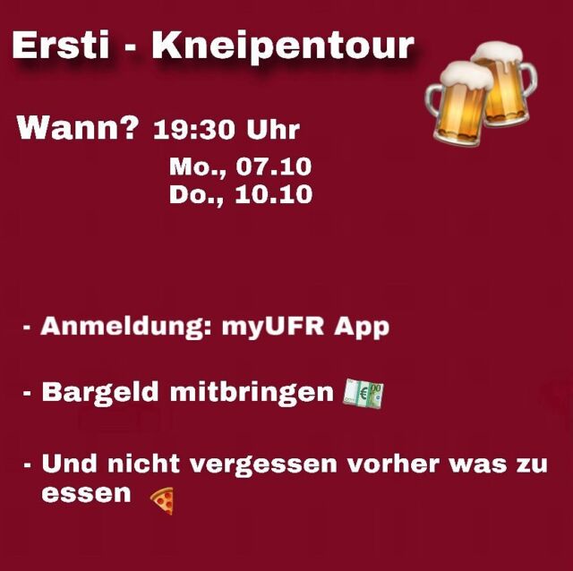 Nächste Woche steht die Ersti-Woche ab. Wir freuen uns schon auf euch🍻 eure Fachschaft🫶🏼